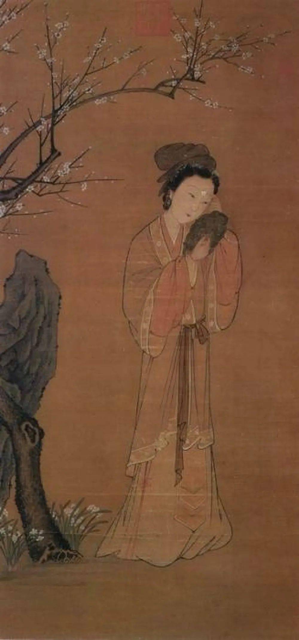 [元代]佚名《梅花仕女图》,绢本设色,131.4×63cm.