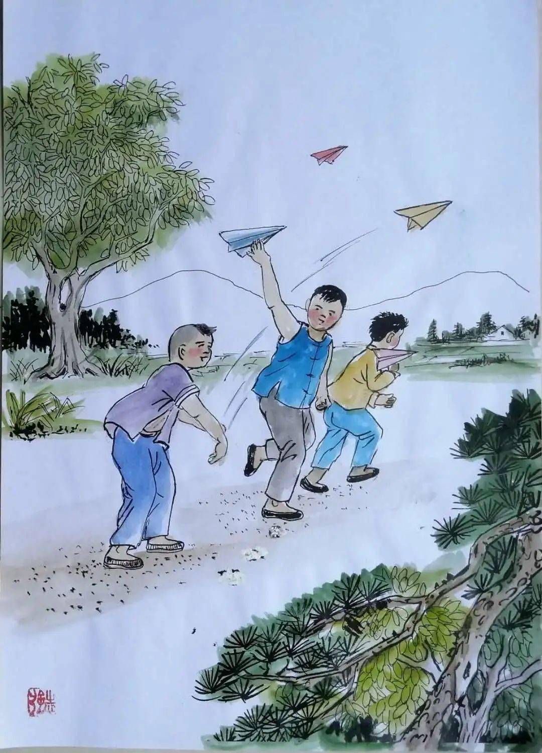 好玩滚铁环踢毽子跳房子打陀螺我们当年玩的都在他的画里