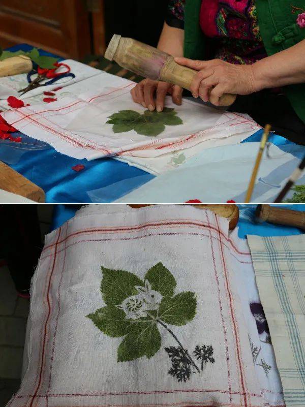 捶草印花捶草印花复兴于明清时期,一支棒槌,一块白布,一棵草,一朵花