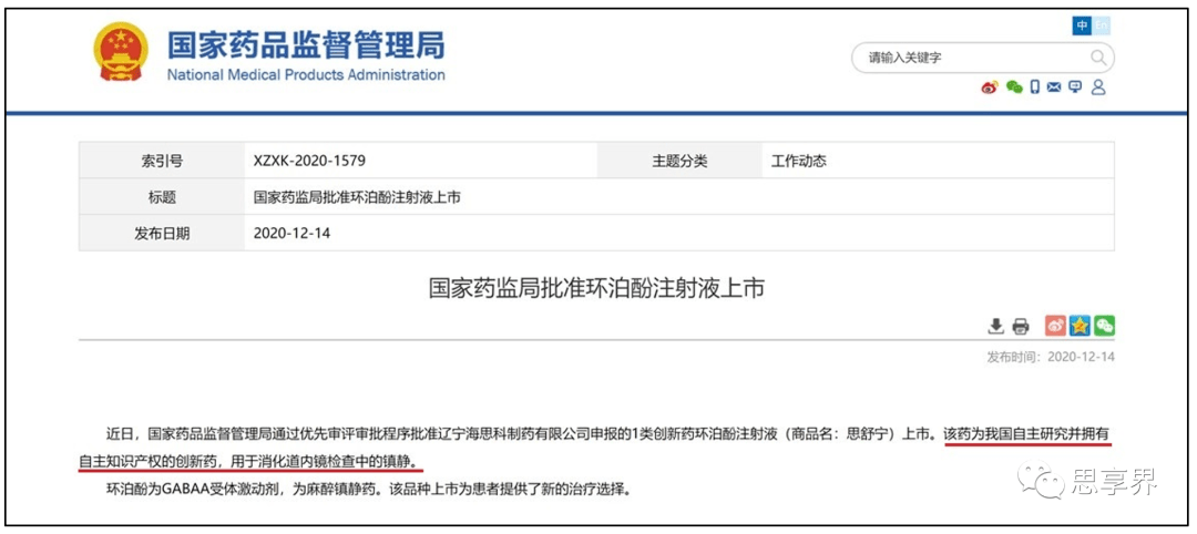 中国首个自主化合物创新1类静脉麻醉药环泊酚隆重上