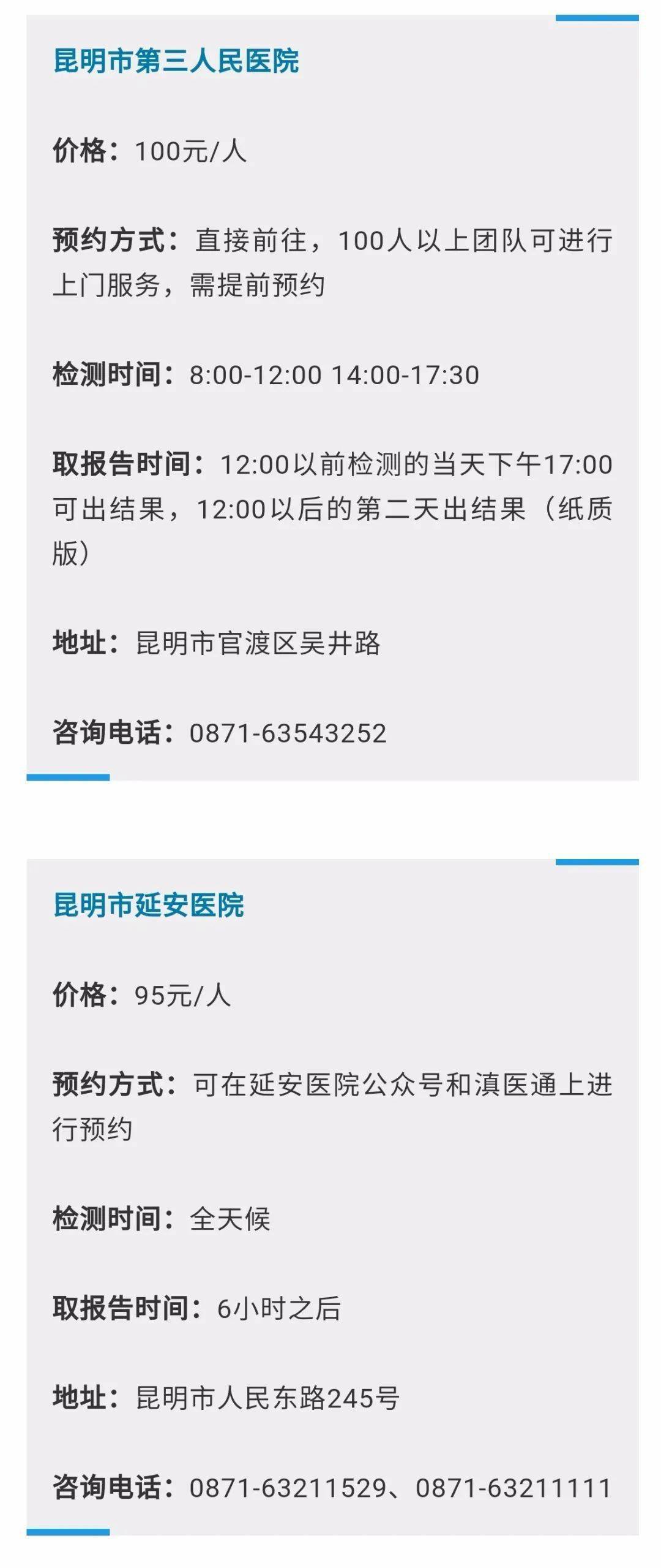 備註:以上各個醫院檢測時間,收費等可能會隨疫情防控實際情況而發生