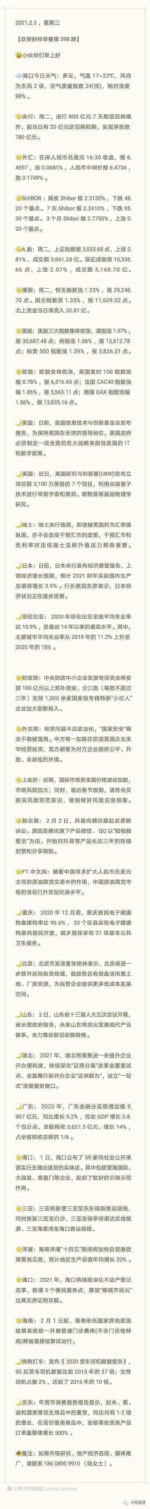 21 2 3星期三欢哥财经早餐第598期
