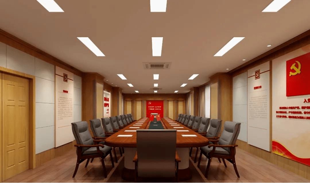党委会议室:整体风格端庄大气,配合墙面的丰富内容,使会议室具备多种