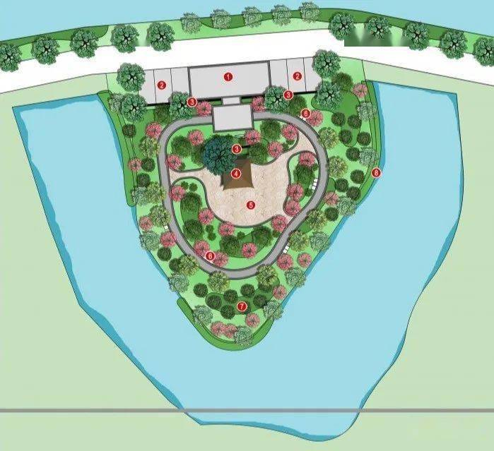 俯瞰呈三角形红梅园内充满了中式古典元素古朴典雅的"沁梅亭"曲曲弯弯