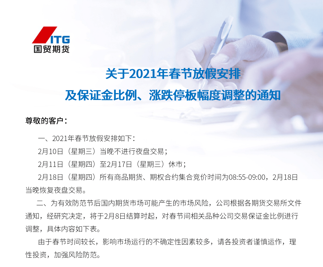 交易提示|关于2021年春节假期安排及保证金比例和限价范围调整的通知