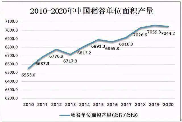 中國是亞洲水稻單產最高的國家之一,2010-2020年中國稻穀單位面積產量