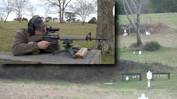 配备瞄准镜的自动步枪户外打靶测试枪法很准