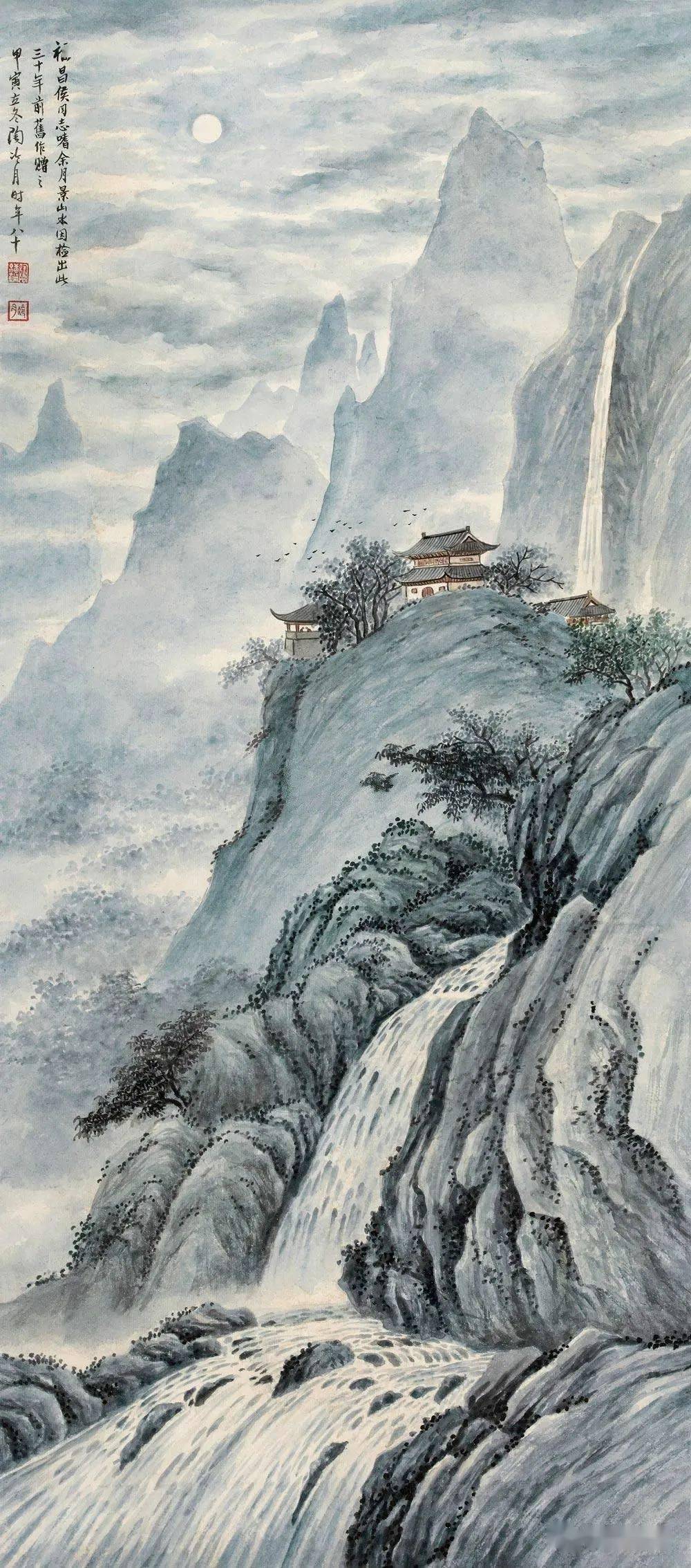 陶冷月笔下的听瀑图月色撩人