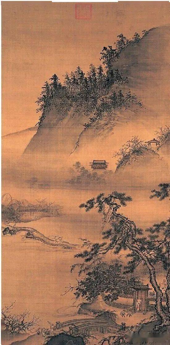 戴进此图有着马远《踏歌图》的影子,图画主题以山岭为主,整体氛围静谧