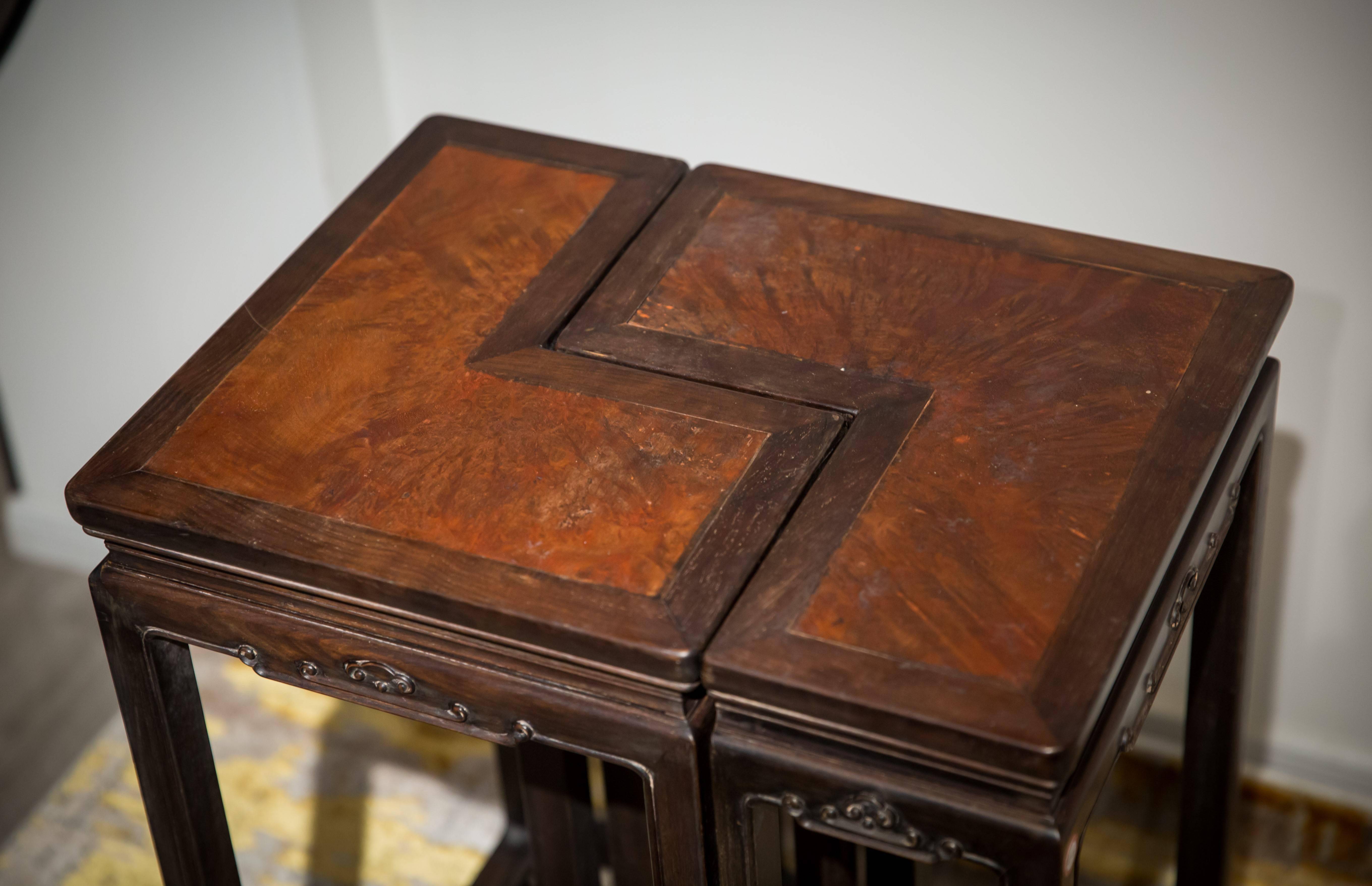 清 红木镶瘿木面五珠纹曲尺形茶几(一对)