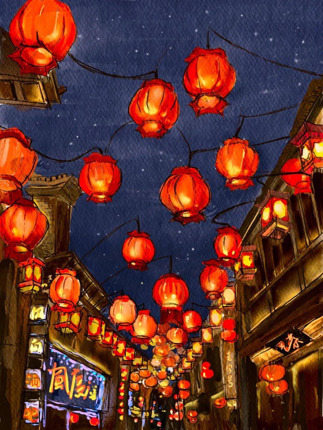 王汇涵的绘画作品《张灯结彩》所描绘的是过年的场景.