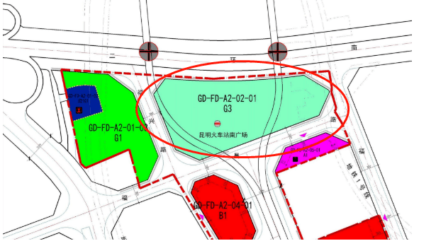 調整前該地塊用地情況▼依據規劃圖所示新增的火車站南廣場位於南二環