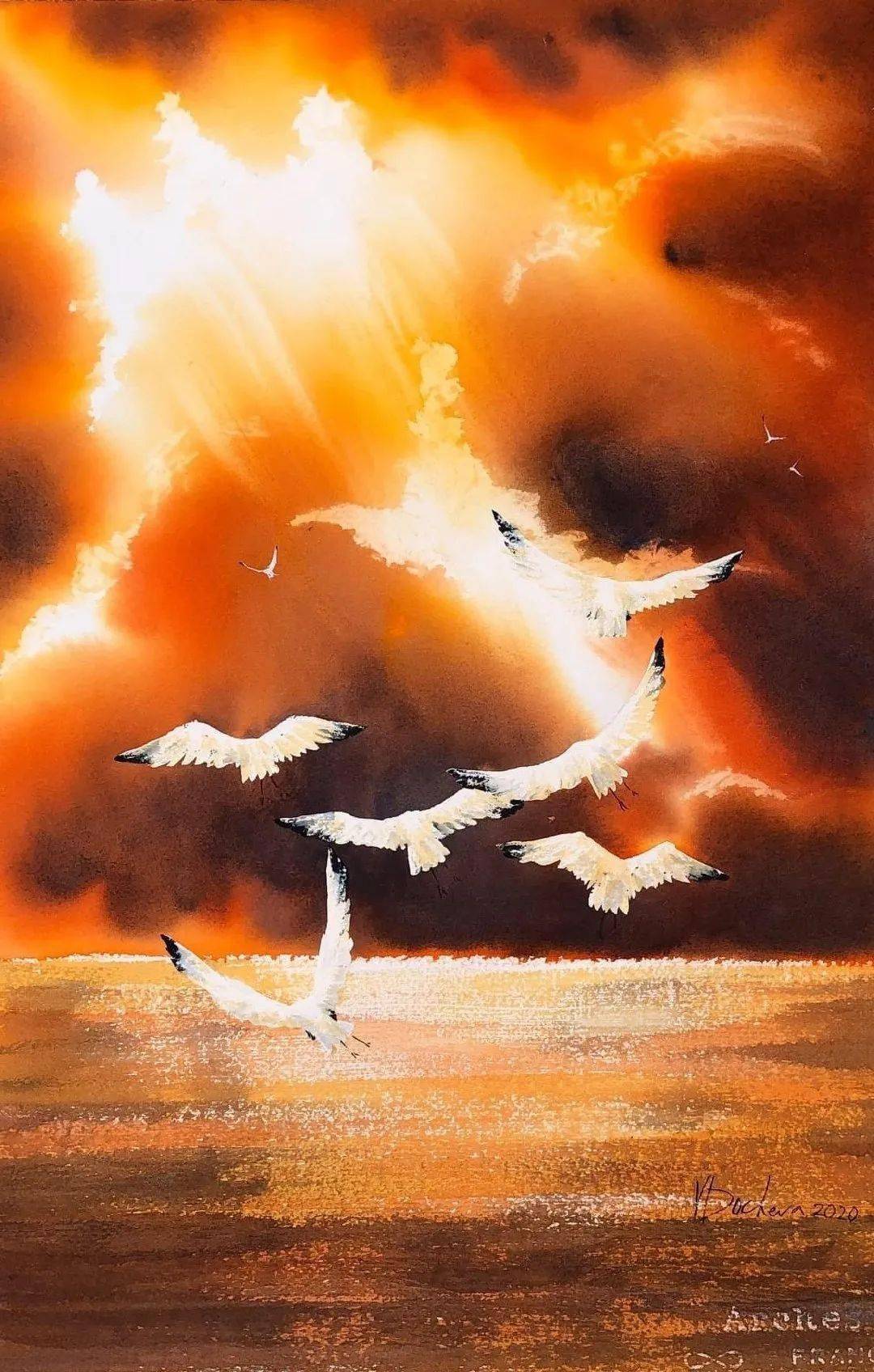 水彩风景插画欣赏,湖光山色风景好