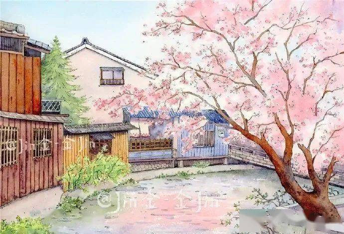 风景马克笔画 樱花树图片
