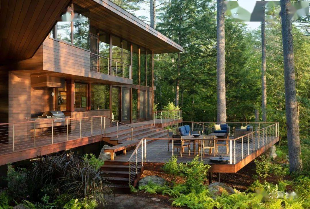 散落林间的房子安静的湖滨别墅