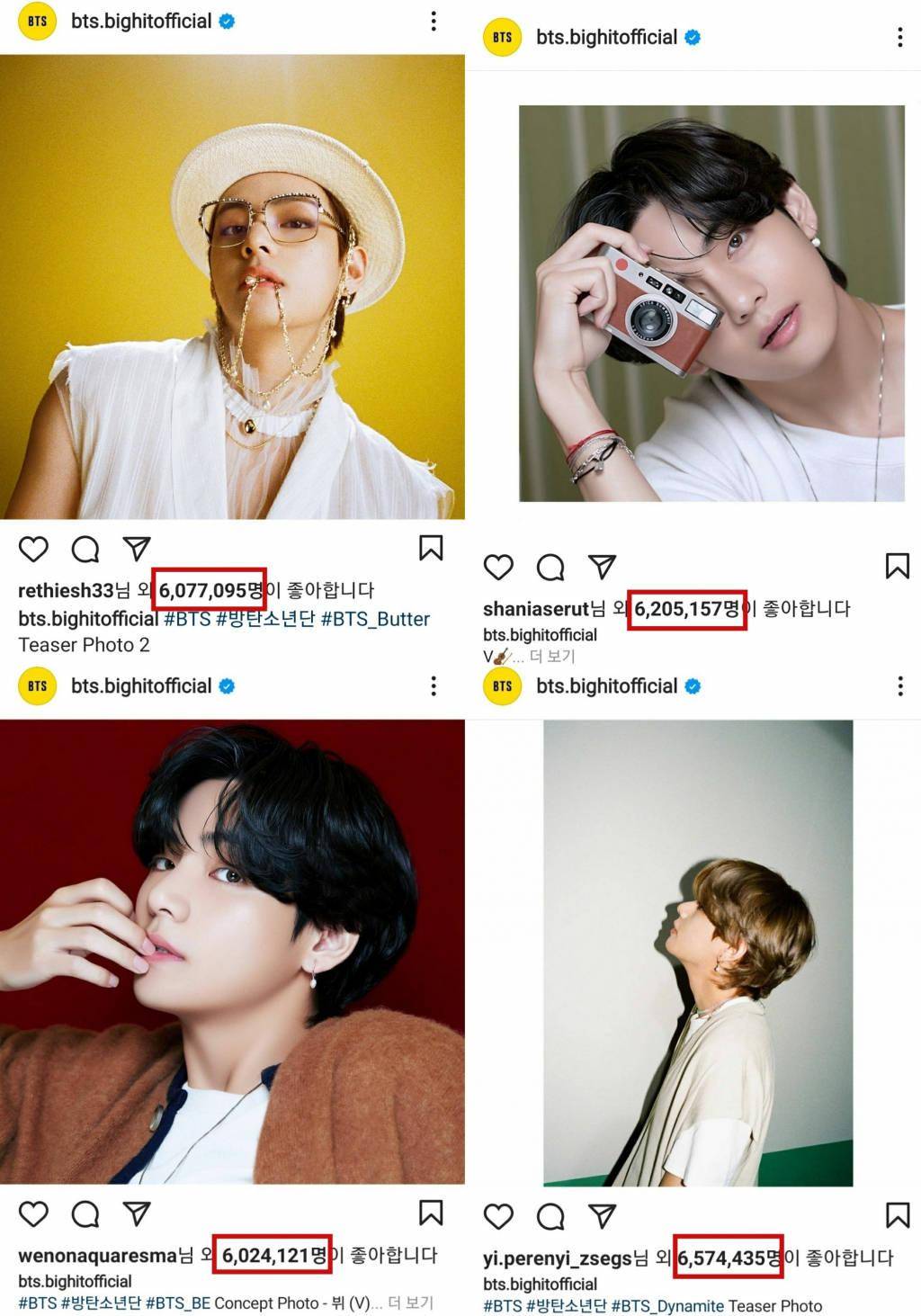防弹少年团的v《butter》预告照时隔2天突破600万点赞.