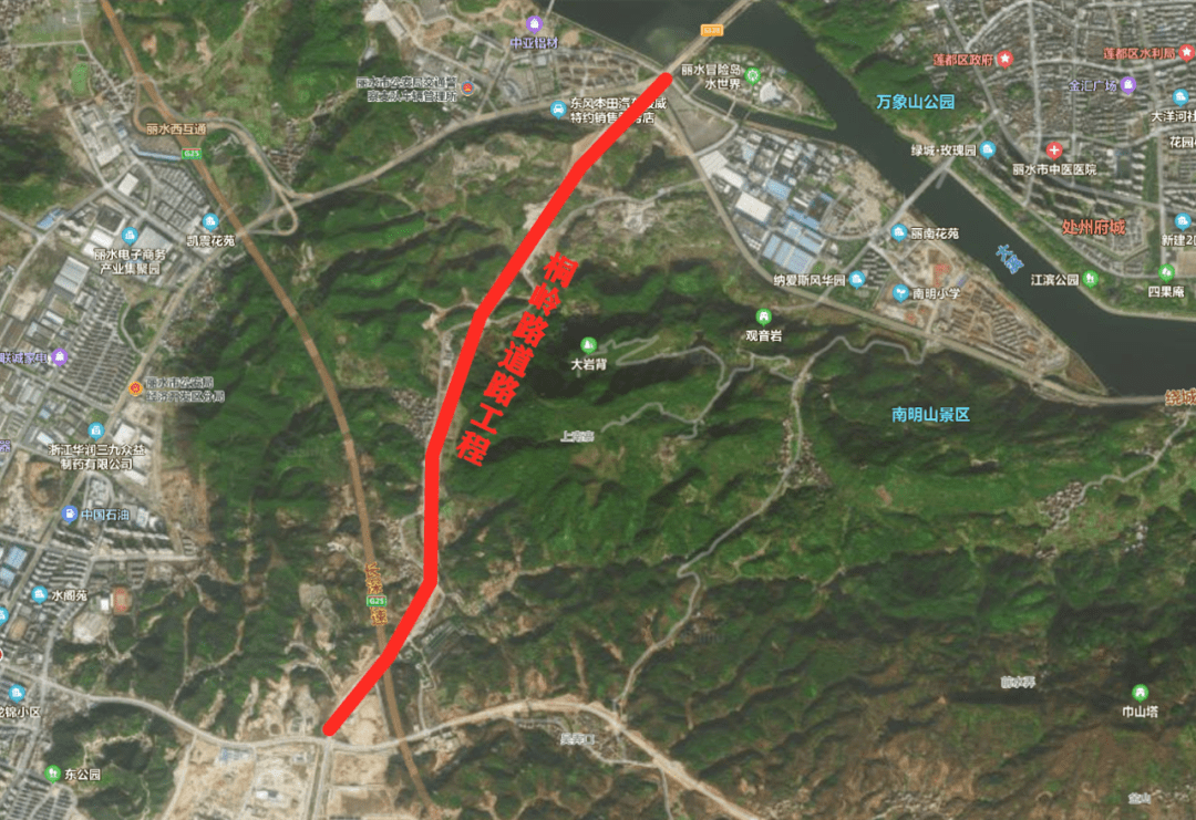 北三路和東七路路口,北至溪口大橋和麗陽街處,沿線下穿金麗溫高速公路