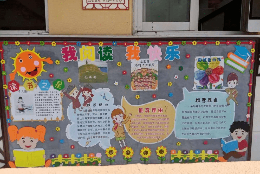 各班教室前的展板各具特色,"实小娃 讲绘本",课堂演讲,书法作品展示