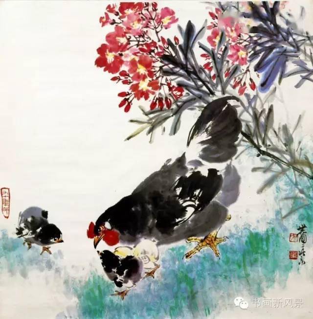 张世简 教子图张世简 数枝迎春张世简 芦花鸡夹竹桃张世简 乌鸡迎春