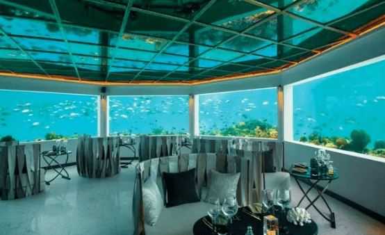 因此制作水上餐厅,最多一次容纳14位顾客,同时就餐,4周满是玻璃的造型