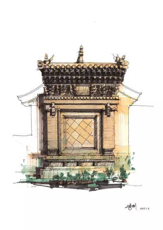 山西卦山石佛堂影壁(钢笔 马克笔)▲山西卦山药王寺(钢笔)▲山西卦