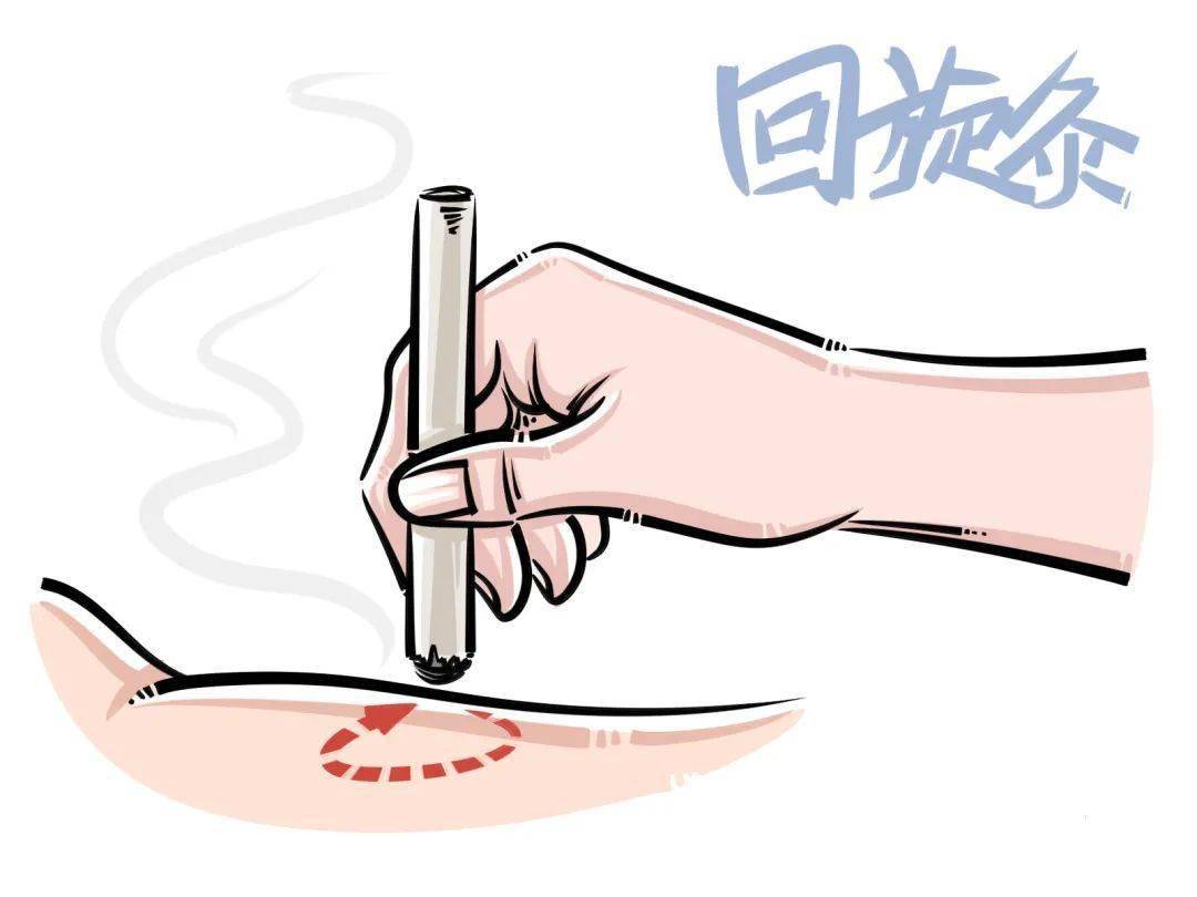 一端和皮肤保持距离,距离不固定,然后左右移动,或者回旋反复旋转艾灸