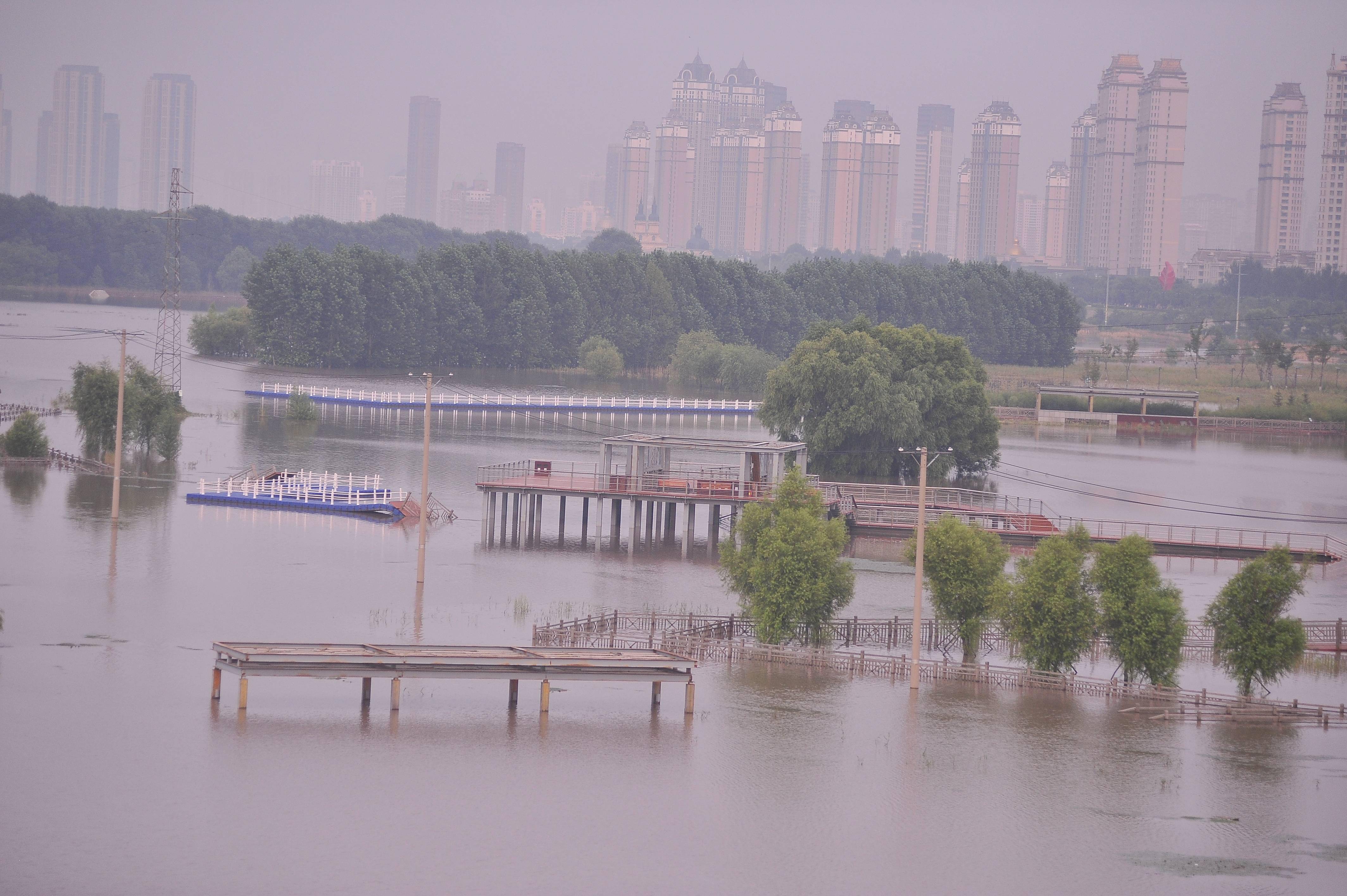 松花江畔,群力外滩湿地公园近五分之四的面积淹没在水中8日,哈尔滨市