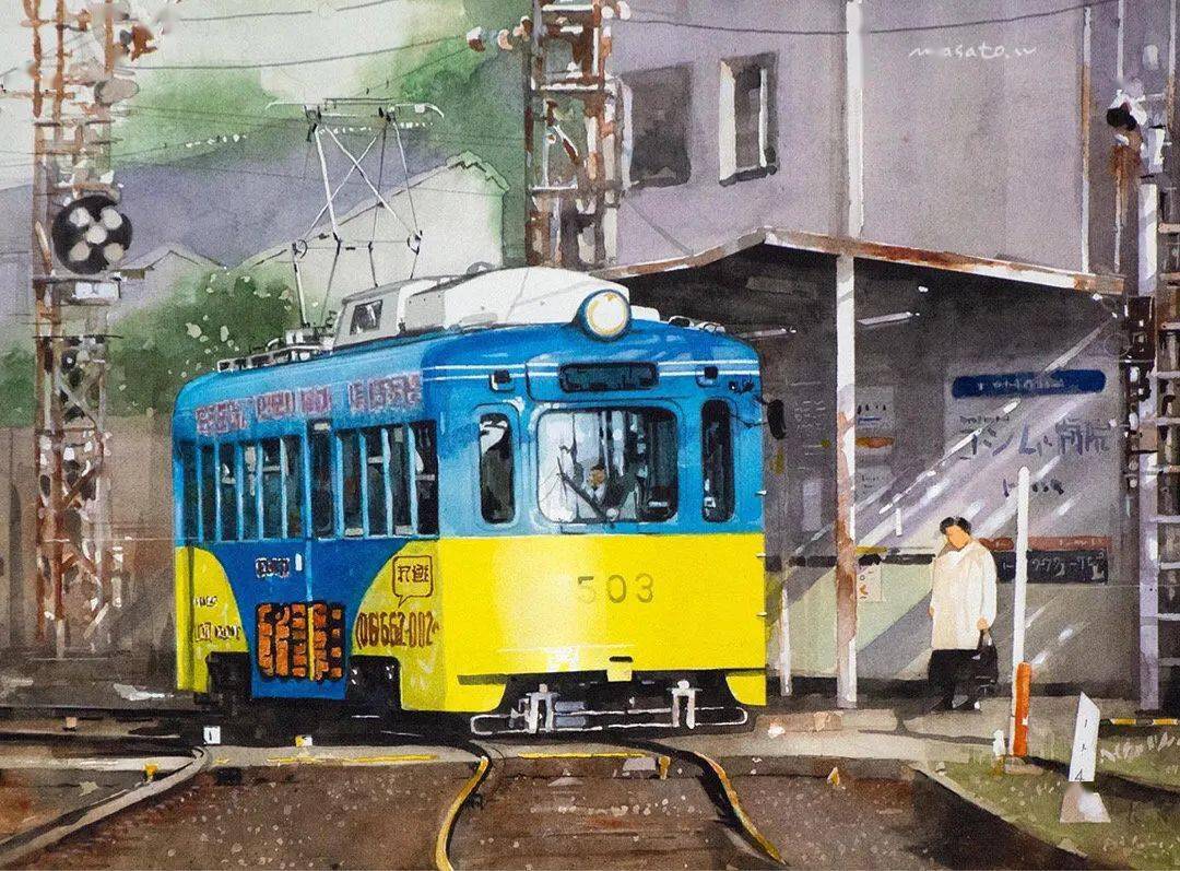 城市电车系列水彩作品