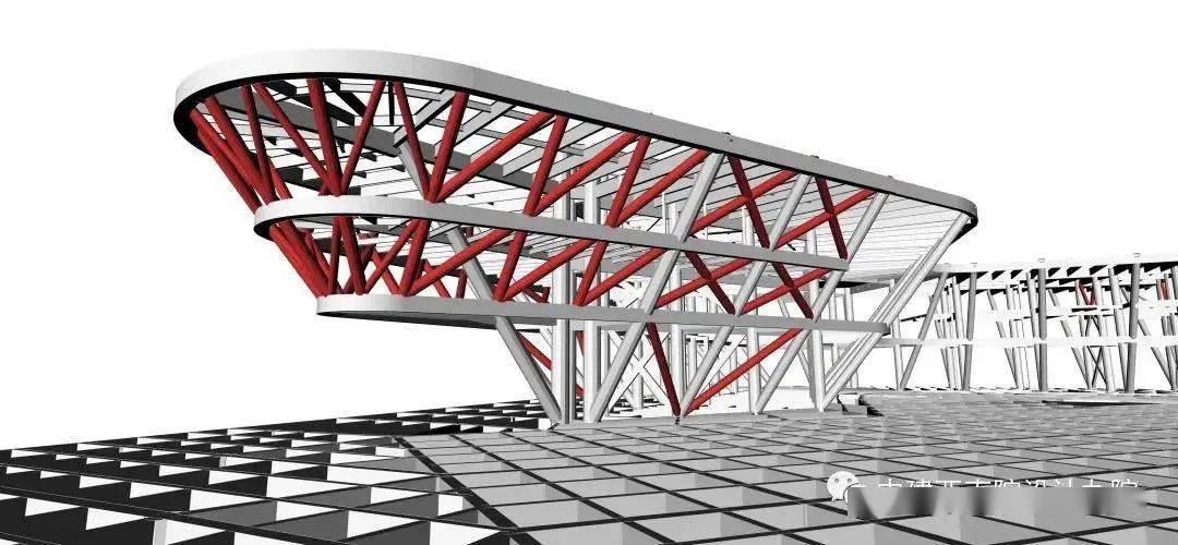 在局部大悬挑(悬挑长度26米)位置,采用斜放双层通高钢桁架结构,实现