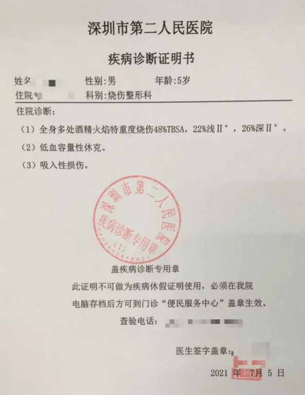 出具的疾病诊断证明书显示,林先生儿子全身多处酒精火焰特重度烧伤,低