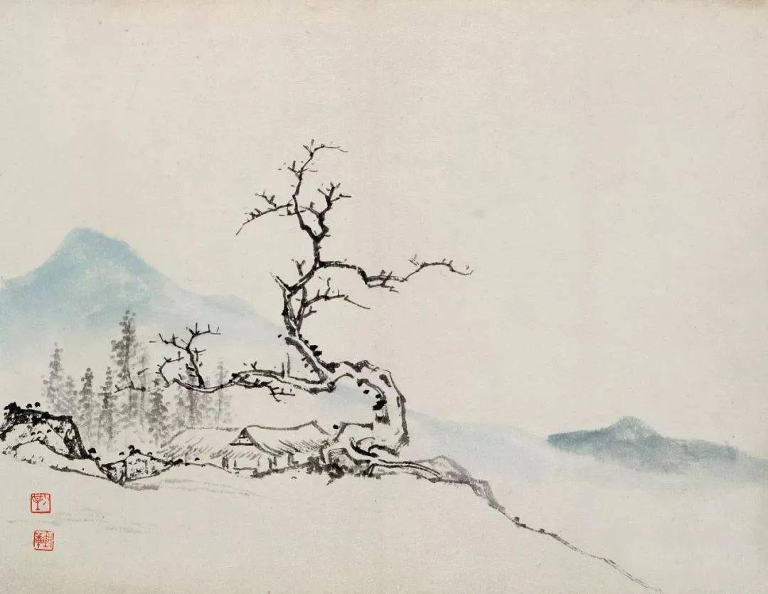 水墨留白,寥寥数笔表现出广阔的空间,意趣盎然,意境悠远,体现了画家