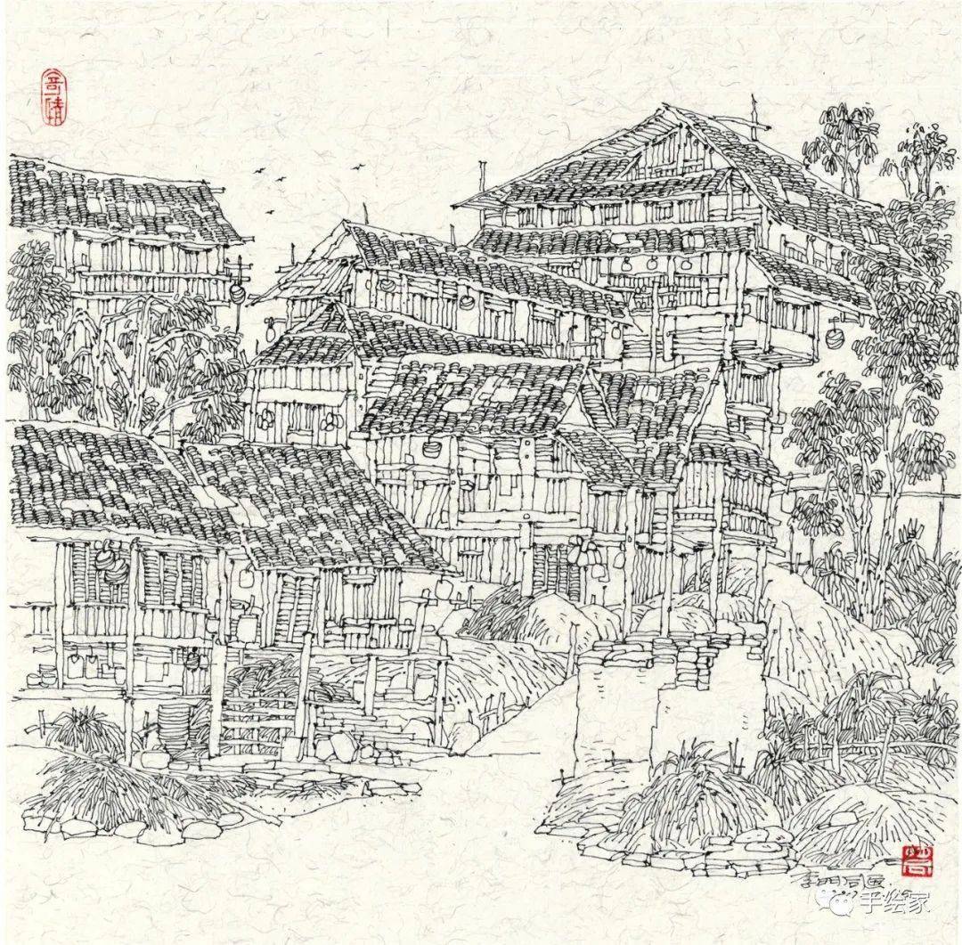 村寨系列之一 32x32cm【李明同 建筑速写】手绘当中最基本的构成