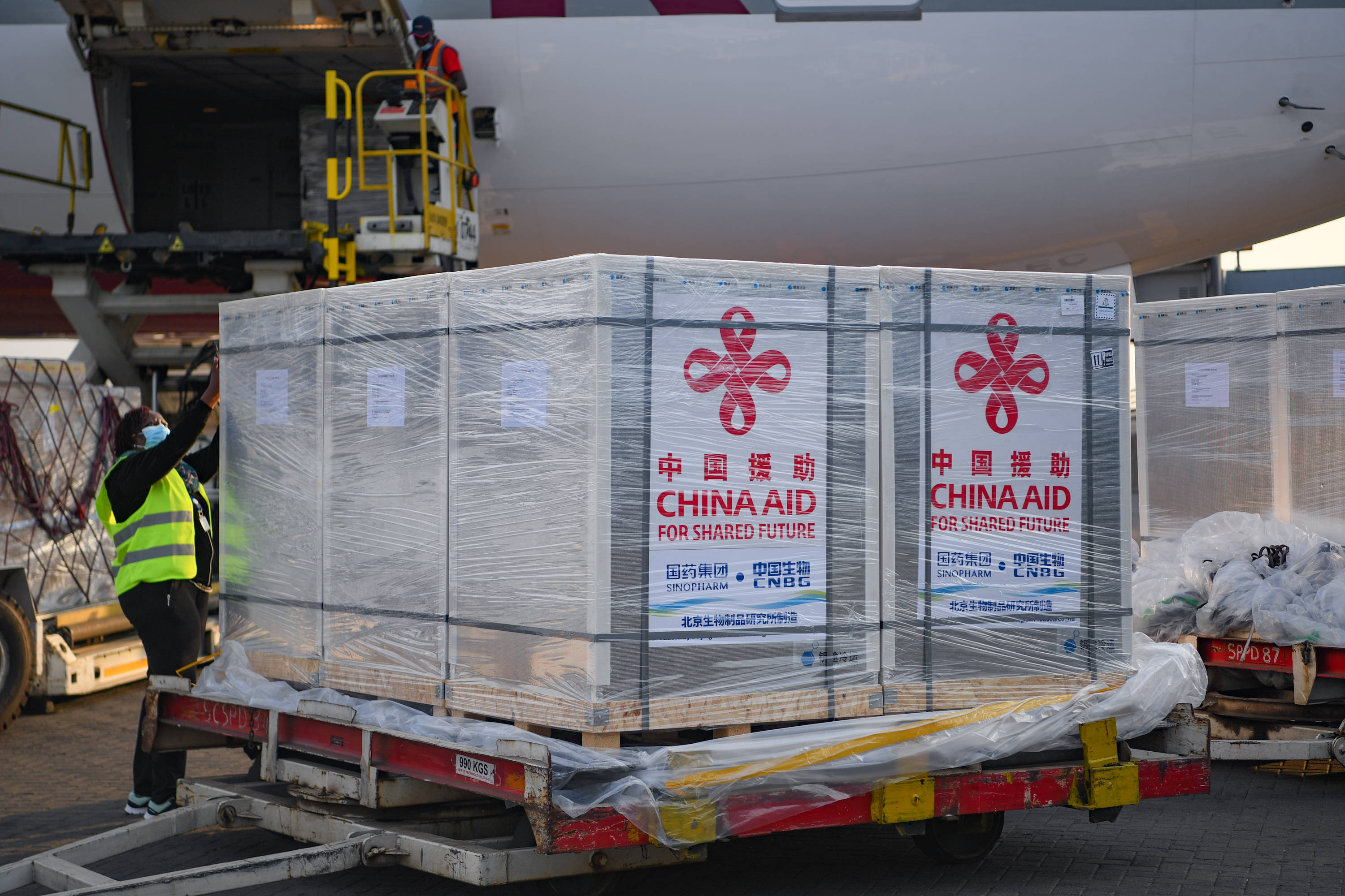 机场工作人员从飞机上卸下中国政府援助的新冠疫苗