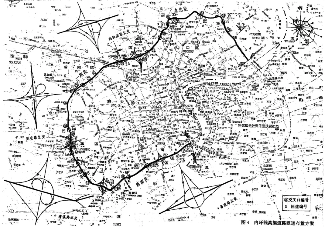 为减少占地面积,大桥采用了曲线螺旋形,上下三环分岔的引桥造型.