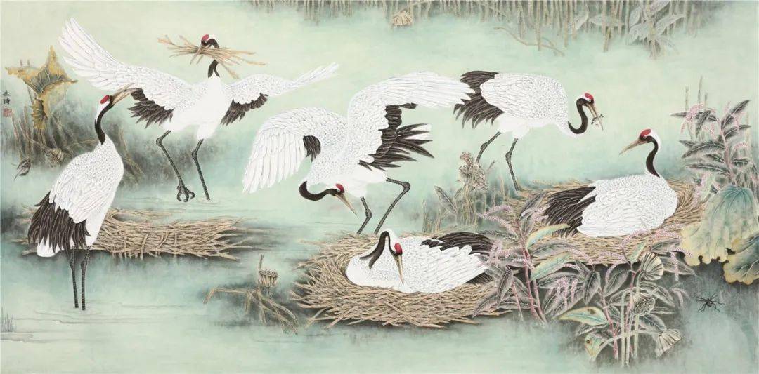 作品欣赏百鹤写真情百米抒胸臆百年颂党恩百鹤图惠永涛工笔画作品展