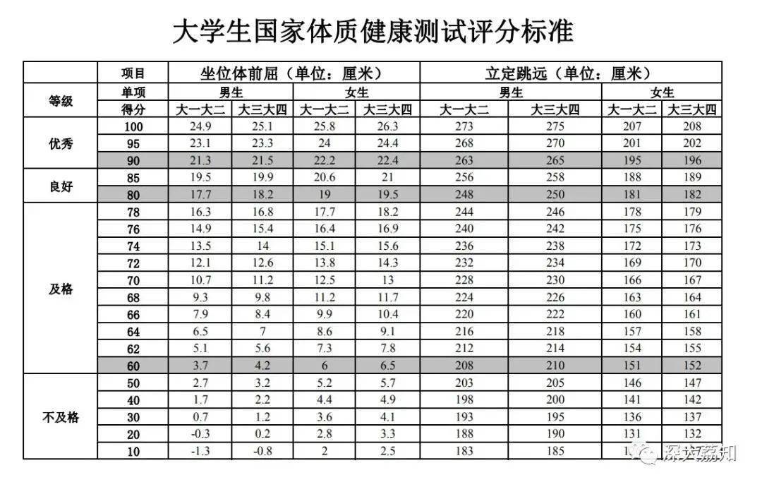 大学生体测标准成绩表图片