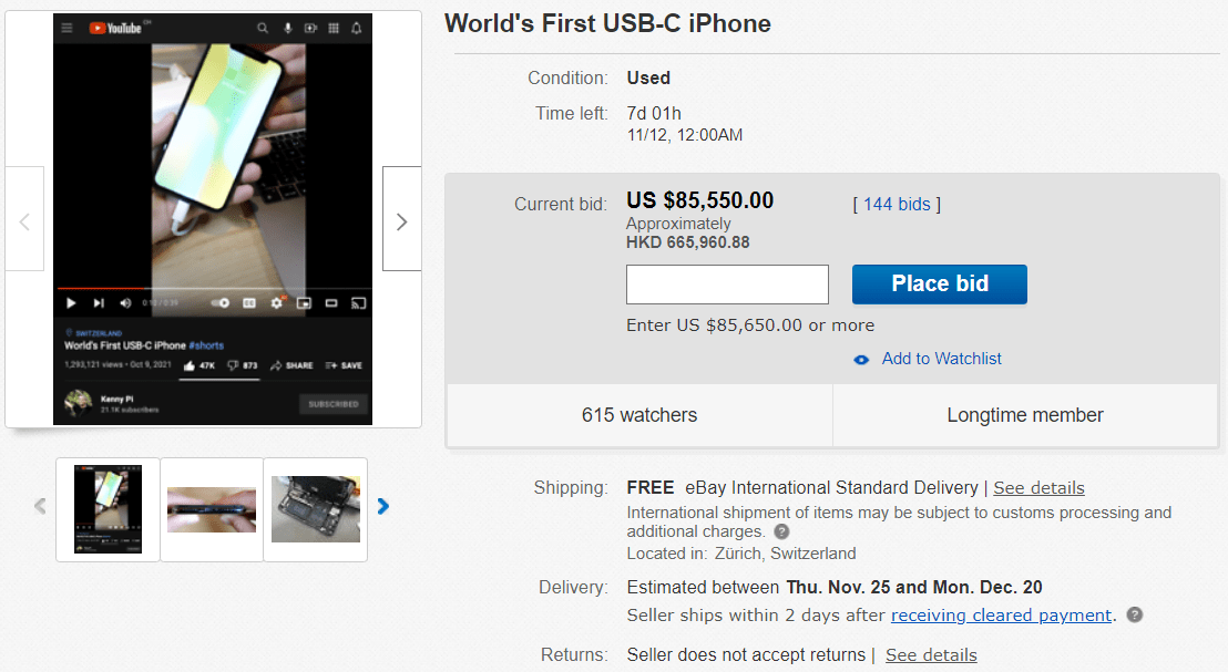 拍卖价|iPhone X USB-C 接口改装版现身 eBay，拍卖价已高达 54.75 万元
