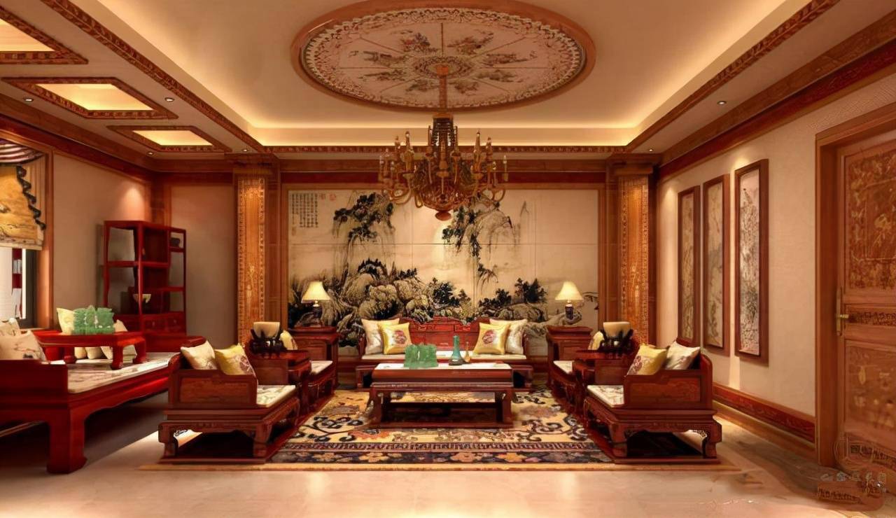 沙发背景墙的设计之中,则以水墨绵延的山水瓷砖为主,吊灯上的流苏宫灯