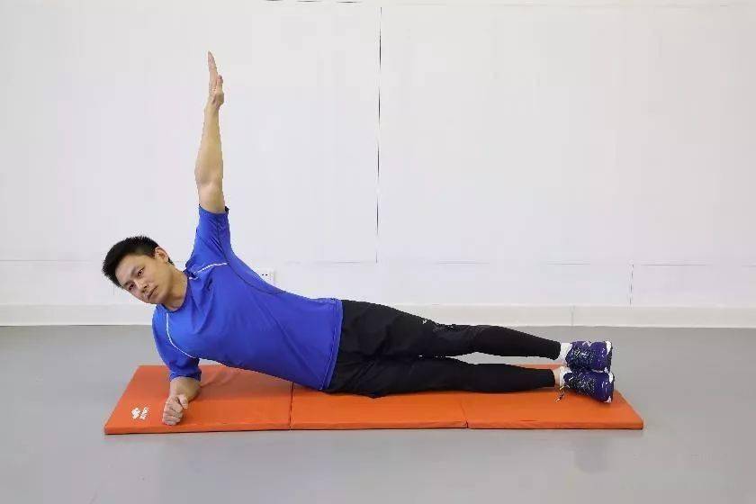 练习方法:侧卧,单侧手脚两点支撑,保持背部平直,腹部和臀部收紧,身体