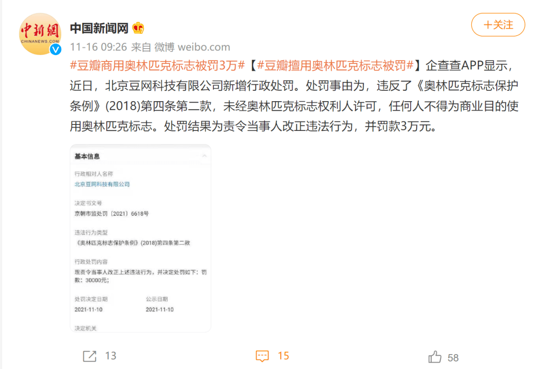 豆瓣擅用奥林匹克标志被罚!_处罚