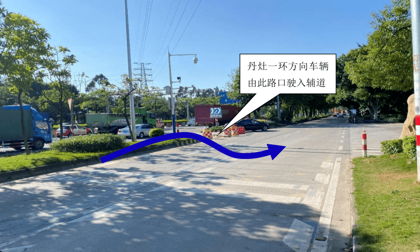 桂城方向主路车辆由白沙桥大岗工业区杭州叉车处路口驶入辅路(2车道)