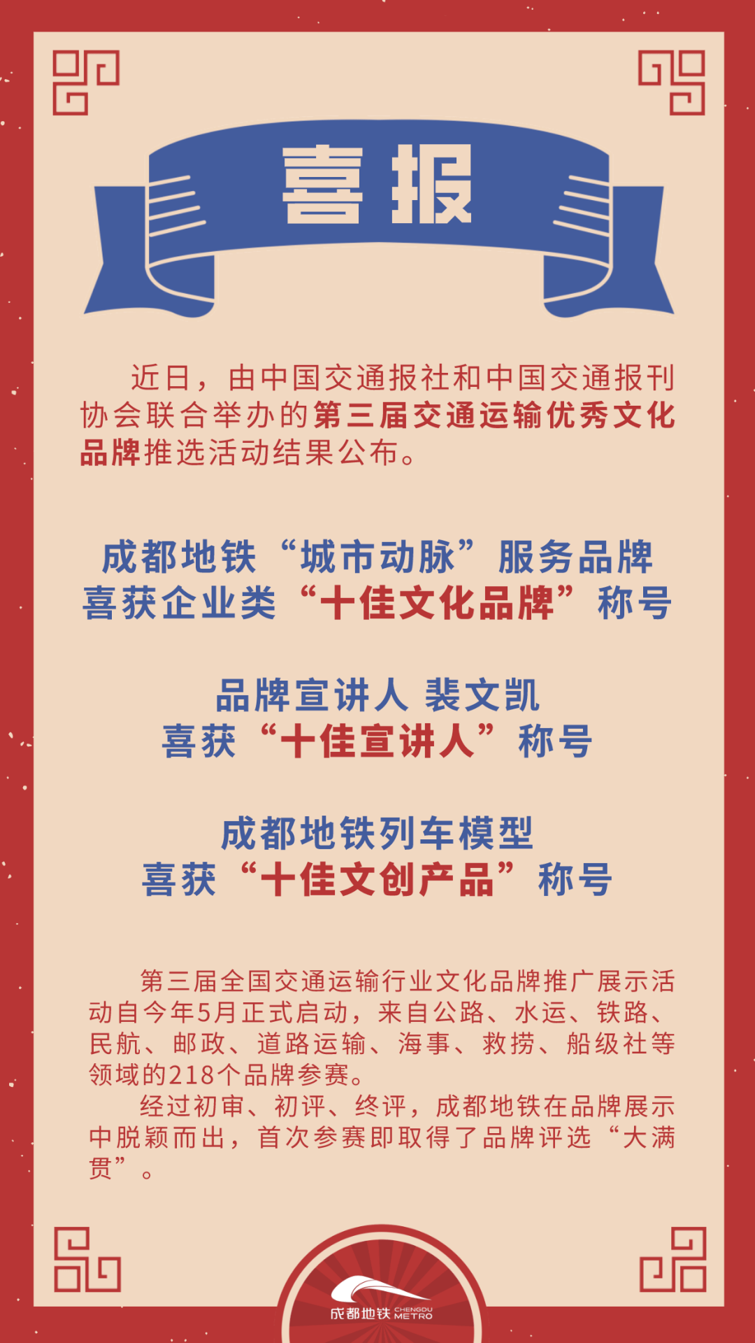 报成都地铁拿下了大满贯