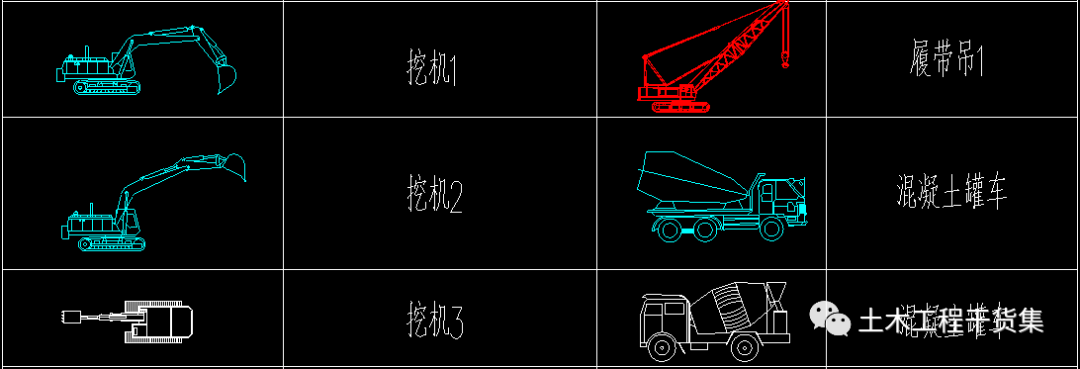 工程常用机械设备cad图含塔吊挖机罐车天泵履带吊等cad版直接下载