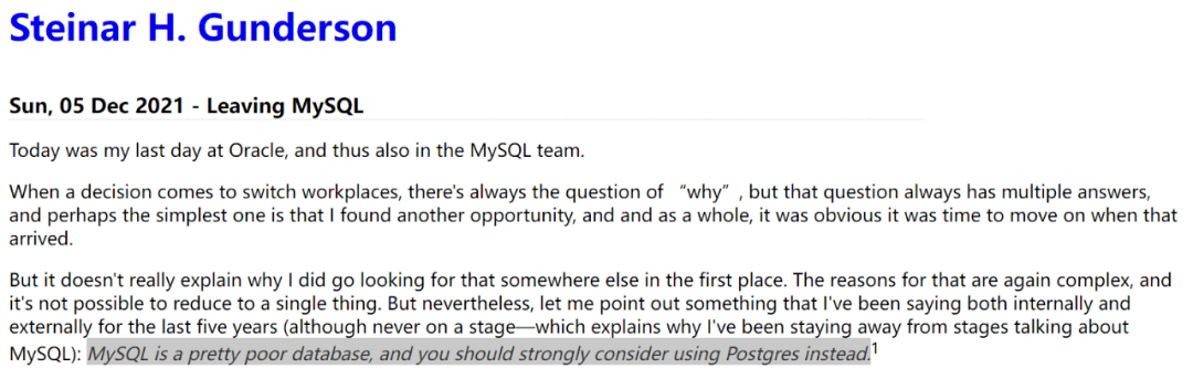 公司|Oracle工程师离职并回踩：MySQL糟糕透顶，强烈推荐PostgreSQL