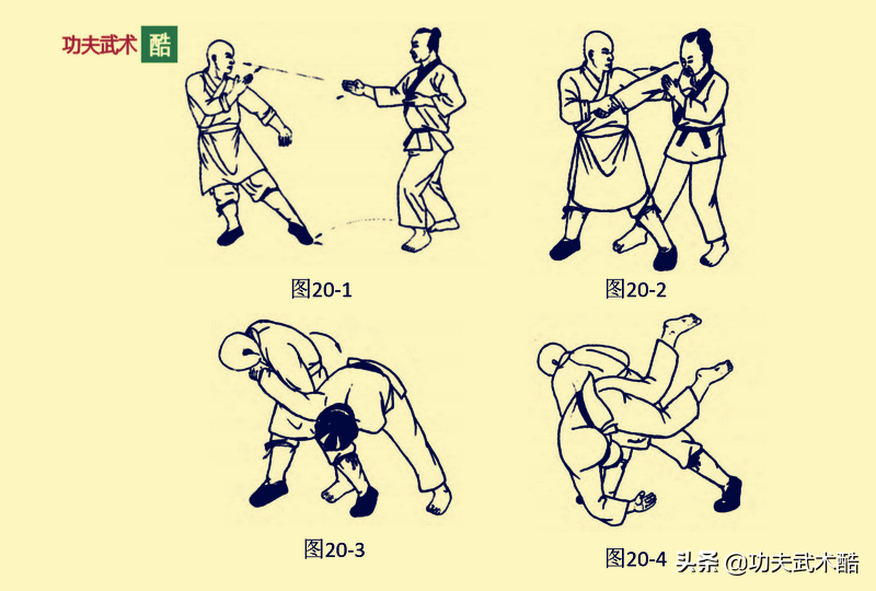 并立即将左腿插至敌方右腿前成绊腿,同时左爪从敌方右腋下穿出,扣抓