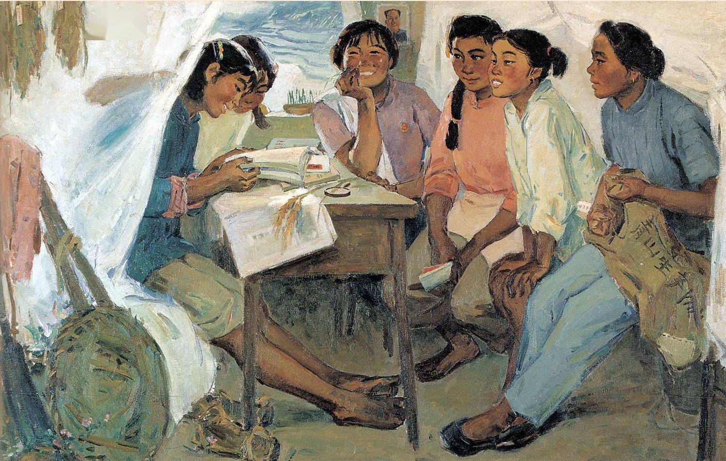 7,1964年由画家宋贤珍创作的《她们在成长》油画,宿舍里,年轻的知识