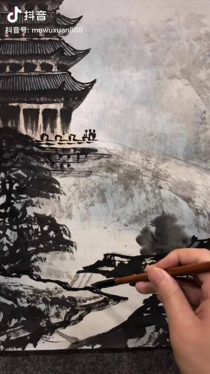 热门国画罗老师手绘国画望江楼