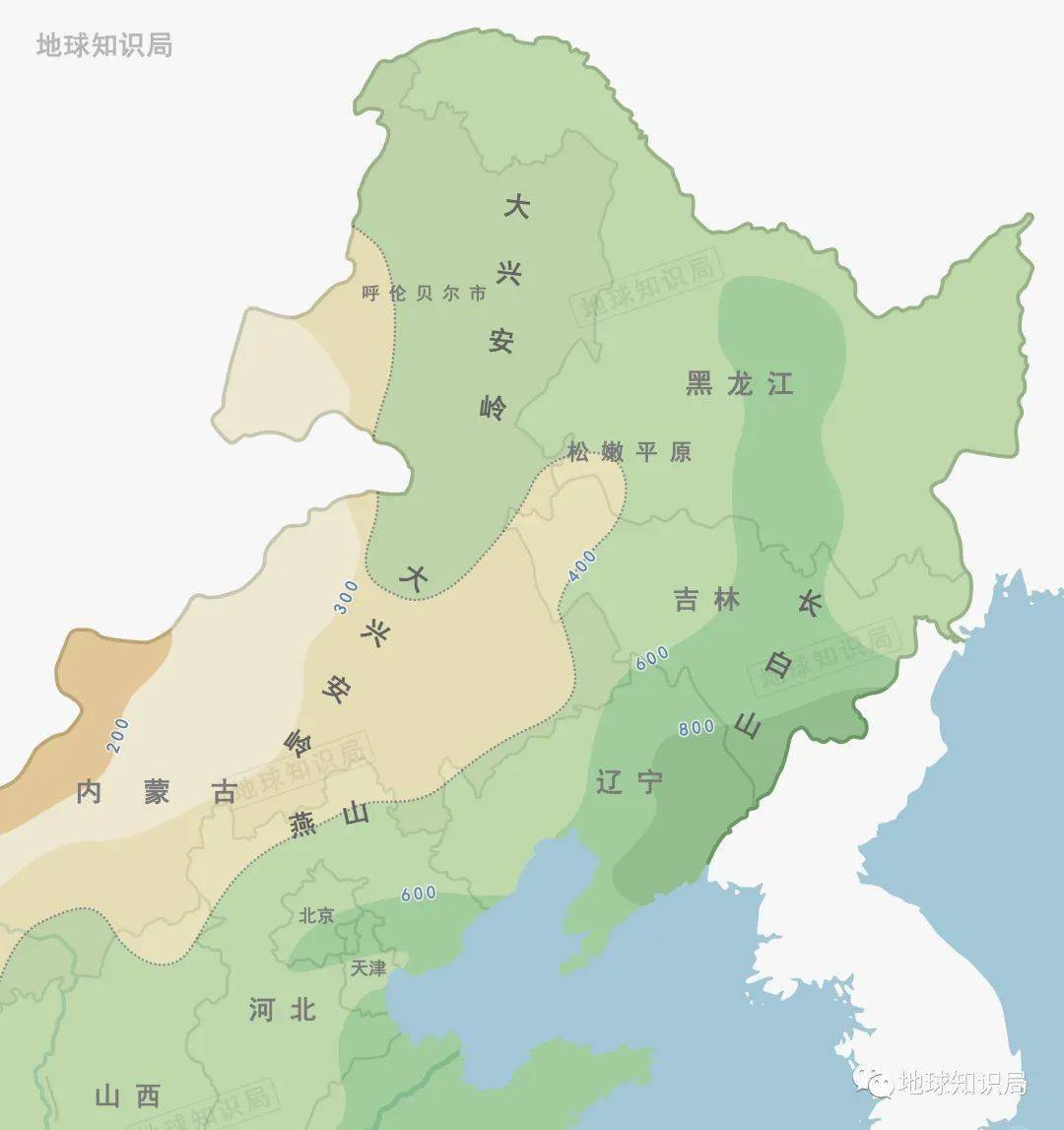 松嫩平原春夏季積水,秋冬乾旱▼東北地區年均降水量大致分佈我國東北