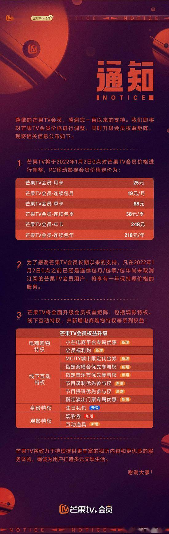 移动|芒果 TV 宣布调整会员价格，同时升级演唱会优先参与等线下特权