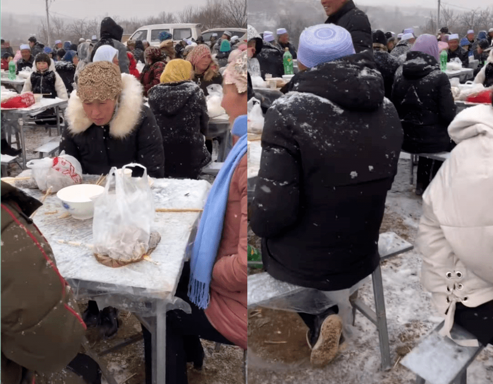 够狠下大雪露天场地吃席冻的瑟瑟发抖